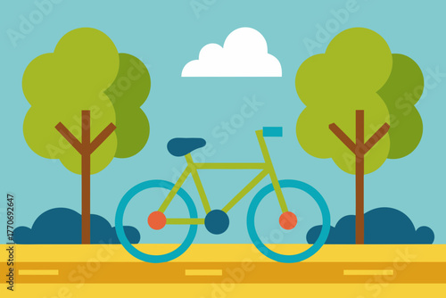Cartoon bicycle street under trees vector illustration