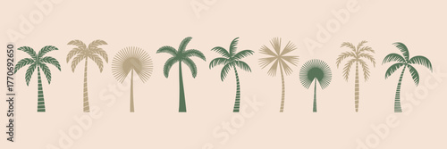 A horizontal row of stylized palm trees in muted green and beige tones against a pale pink background