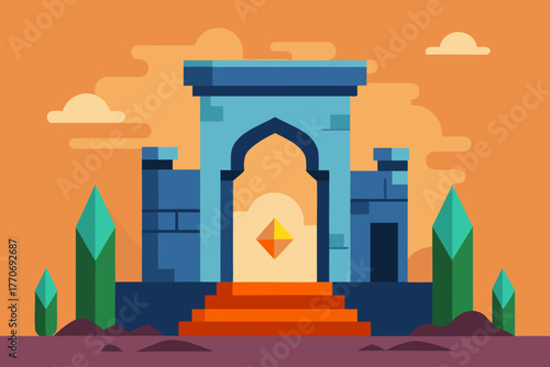 Cartoon mystical gate in ancient ruins vector illustration
