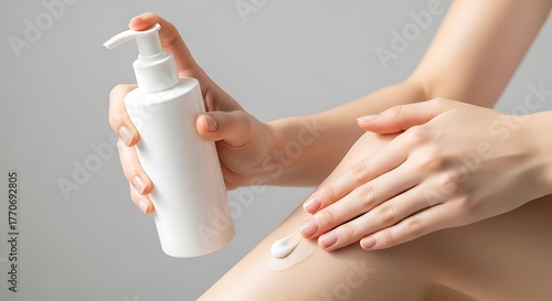 Close-up of a person's hands applying white lotion from a pump bottle onto their leg, moisturizing the skin for daily care.