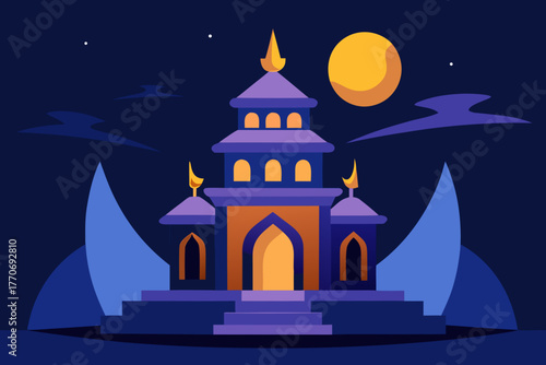 Cartoon enchanted moonlit temple vector illustration