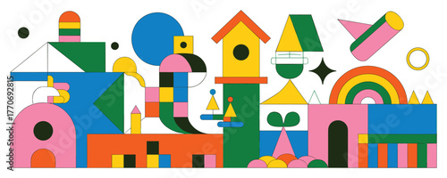 Abstract geometric composition with colorful shapes resembling buildings and objects on a white background
