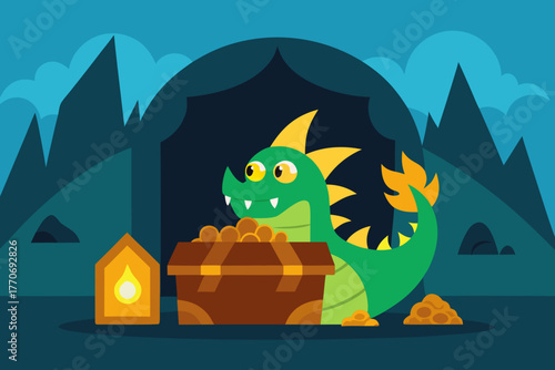 Cartoon dragon cave with treasure hoard vector illustration