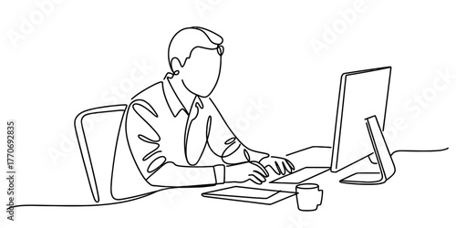 Single continuous line drawing of a person working on a computer at a desk vector