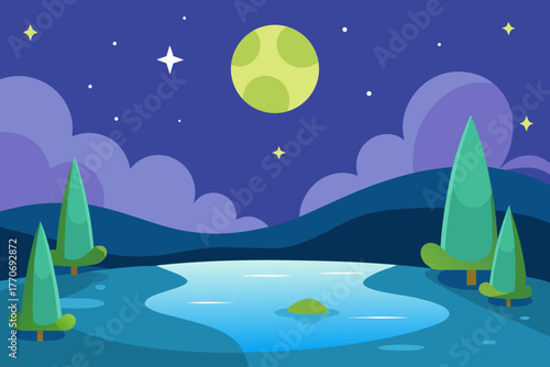 Cartoon magical starlit lagoon vector illustration