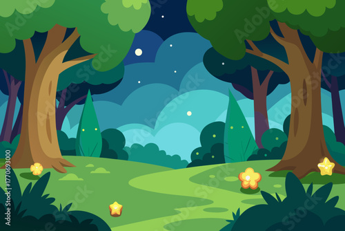 Cartoon magical forest glade vector illustration