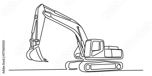Continuous one line drawing of a construction excavator machine in outline sketch art style vector