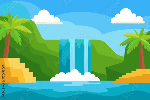 Cartoon tropical waterfall lagoon vector illustration