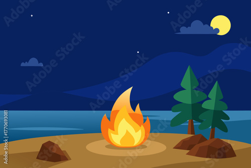 Cartoon beach bonfire at night vector illustration