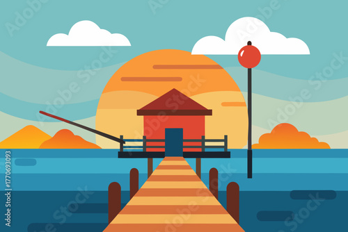 Cartoon fishing pier at sunrise vector illustration