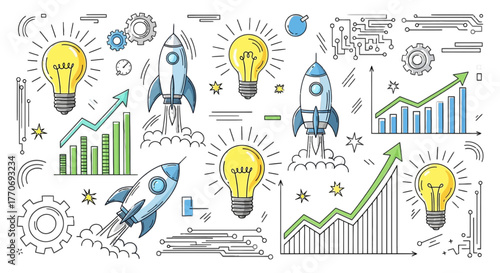 Startup business idea vector concept innovation launch project with lightbulbs and rockets