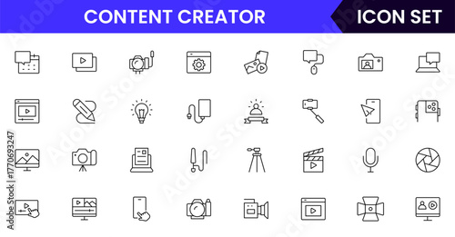 Content creator vector web line icon collection, sleek illustrations of cameras, pens, laptops, creative tools for vibrant, innovative designs.