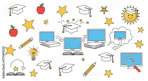 Education concept illustration school supplies with computer books and graduation hats drawing art
