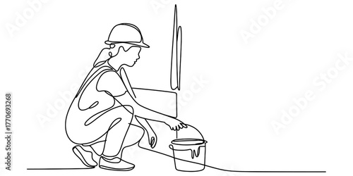 Continuous one line drawing of a child in overalls and a hard hat with a bucket vector