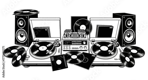 Vintage Dj Equipment Vinyl Player Amplifier Speakers Audio System Black and White Illustration