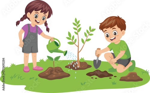 Children gardening together, watering plants, digging soil, teamwork outdoors, environmental care, nature activity, planting saplings, kids learning, garden tools, springtime fun