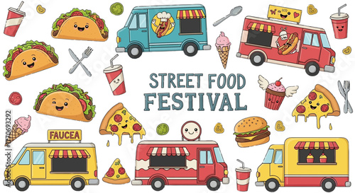 Street Food Festival Illustrations Cute Food Truck Pizza Burger Taco