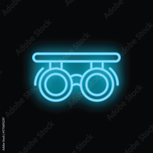 Blue neon sign representing trial lenses being used for eyesight examination glowing on a black background