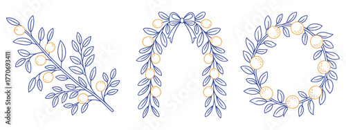 Decorative Wreath and Branch with Oranges and Blue Leaves on White Background fruit