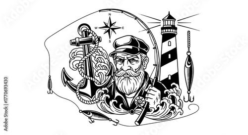 Monochrome sailor with nautical elements fishing boat vintage