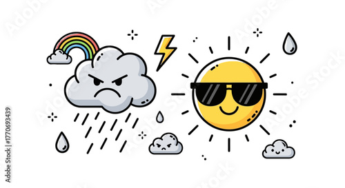 Weather pattern cartoon drawing sun with sunglasses angry cloud rainbow lightning drop