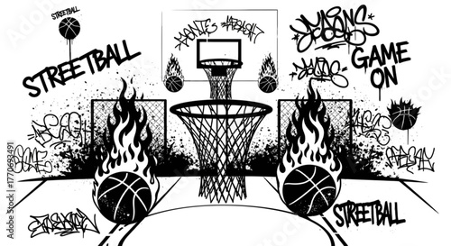 Urban Streetball Graffiti Background Vector Illustration with basketball hoops