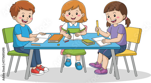 Children studying together, collaborative learning, kids drawing, classroom activity, educational teamwork, school homework, creative group, colorful chairs, pencils, books