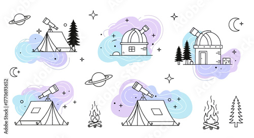 Astronomy Theme Set Vector Tent and Observatory Telescope Stars and Planets Night Sky Design
