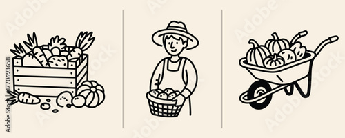 Hand Drawn Farmer With Harvest Basket Crate of Vegetables and Wheelbarrow of Pumpkins vector illustration