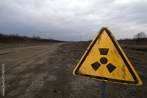 A radioactive hazard sign stands ominously beside a desolate road under a cloudy sky, warning of potential dangers ahead and the bleakness of the surrounding environment.