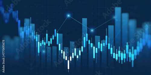 financial chart with uptrend line candlestick graph in stock market on blue color monitor background
