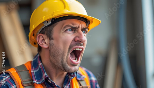 Angry construction worker wearing yellow hard hat, orange vest, plaid shirt, shouting, emotional expression