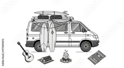 Camper Van with Surfboards Guitar and Bonfire Summer Adventure Cartoon Illustration