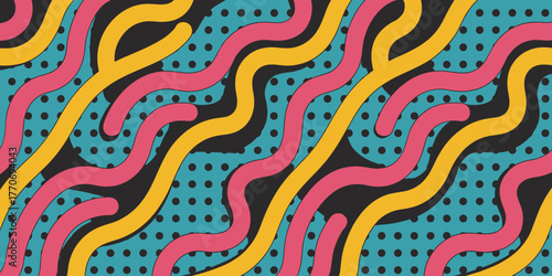 Retro-style wavy lines in yellow and pink overlaying a teal background with black polka dots pattern