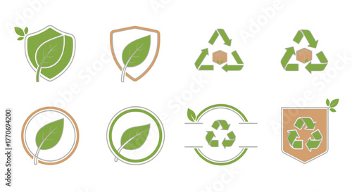 Set of recycling symbols and eco leaf shields for packaging design with an organic theme