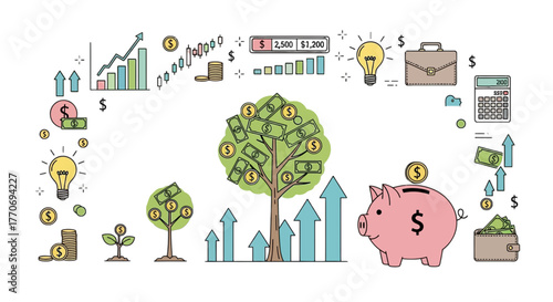 Finance growth concept illustration Piggy bank investing planning earning business wealth money