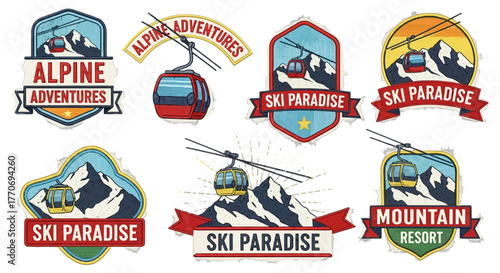 Mountain resort emblem set Ski paradise adventure travel logo skiing vacation symbol Winter holiday badge