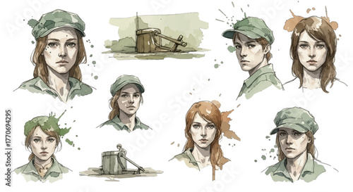 Watercolor female portrait collection with different expressions and outfits artistic style