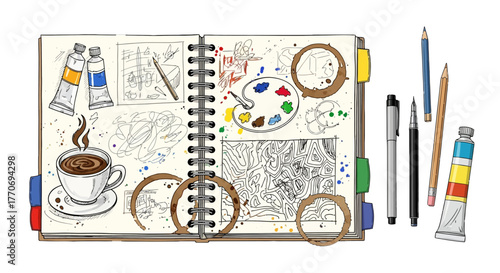 Sketchbook with Art Supplies Coffee Stain Doodles and Notes Collection Vector Illustration
