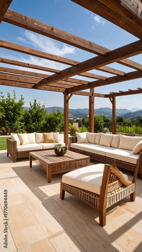 Obraz premium Outdoor wooden pergola with patio furniture
