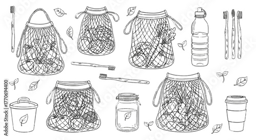 Zero waste lifestyle Reusable bags toothbrush and water bottle outline drawing for eco friendly concept