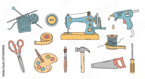Craft hobby tools set Sewing machine and knitting equipment color illustration for handicraft and diy project