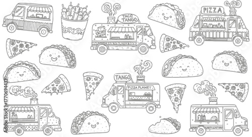 Pizza truck seamless pattern background design for fast food and street food