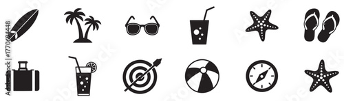 Black summer vacation and beach holiday icon set including sun, drink, flip-flops, starfish, sunglasses, and travel symbols, vector illustration.
