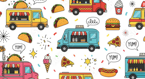 Pattern of Various Cartoon Food Trucks and Snacks with Stars Confetti