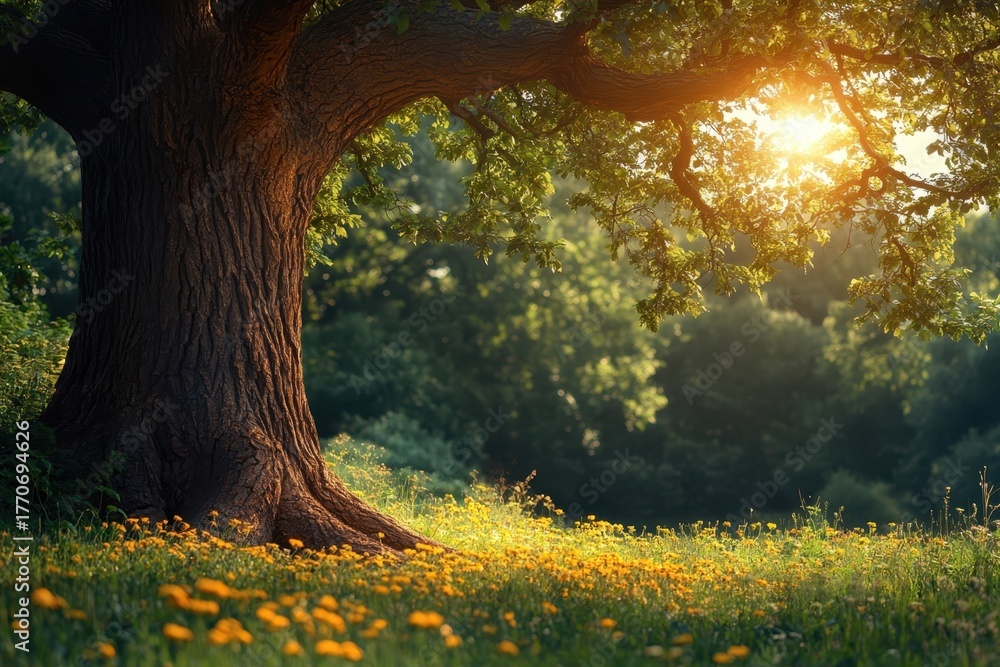 Naklejka premium A majestic tree stands in a sunlit meadow adorned with vibrant flowers at golden hour