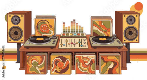 Vintage Stereo Setup with Turntables Vinyl Records and Speakers Illustration