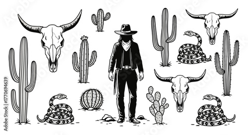 Wild West Cowboy Desert Vector Scene with Cactus Snake Skull Elements for Design