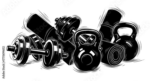 Fitness Gym Equipment Vector Set Black and White Dumbbells Kettlebells Yoga Mat Design
