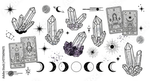 Boho Crystals Tarot Astrology Set Spiritual Illustration Esoteric Design Collection